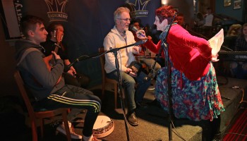 Máire Conroy, Kingdom Céilí, Radio Kerry, enterviewing concertina player Noel Hill, at The Gathering, Annual Traditional Festival, a mix of live concerts, set dance classes, instrument workshops and lectures at The Gleneagle Hotel, Killarney